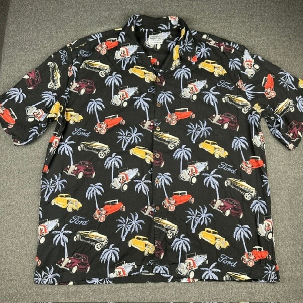 David Carey Ford Hot Rod Palm Tree Camp Shirt Mens 3X Black Cotton Rayon Blend